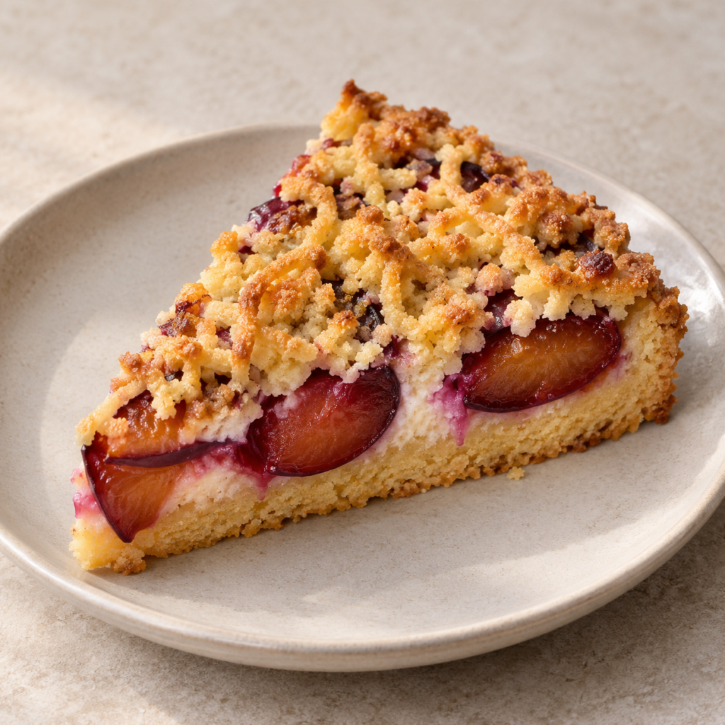 Torta alle prugne con strato montato e crumble — Illustrazione generata con IA per MyTrela. Proposta di presentazione.
