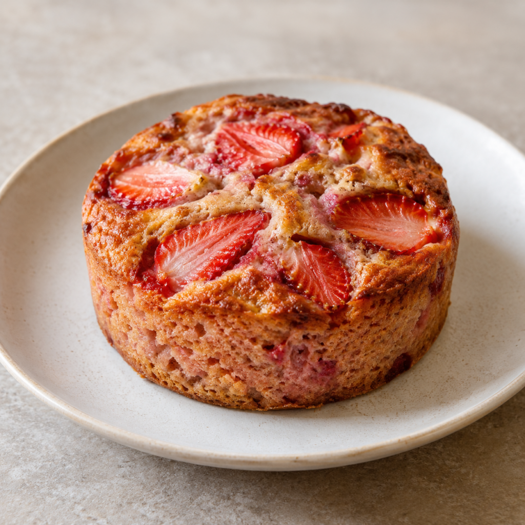 Muffin di fiocchi macinati e fragole — Illustrazione generata con IA per MyTrela. Proposta di presentazione.