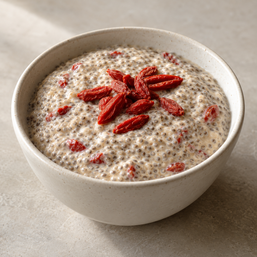 Pudding chia z tahini i suszonym goji — ilustracja propozycji podania