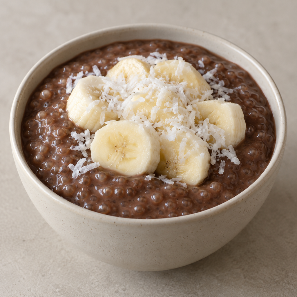 Pudding de tapioca au cacao, à la banane et à la noix de coco — Illustration générée par IA pour MyTrela. Suggestion de présentation.