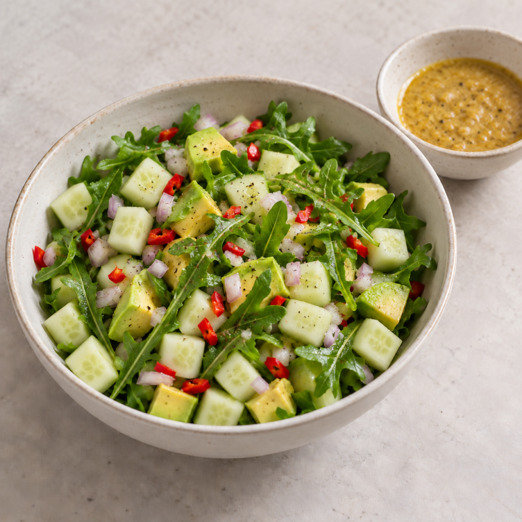 Cetriolo e avocado con rucola e salsa alla senape — Illustrazione generata con IA per MyTrela. Proposta di presentazione.