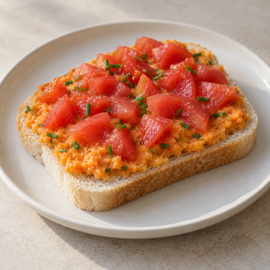 Pain à la tartinade de carotte et à la tomate pelée — Illustration générée par IA pour MyTrela. Suggestion de présentation.