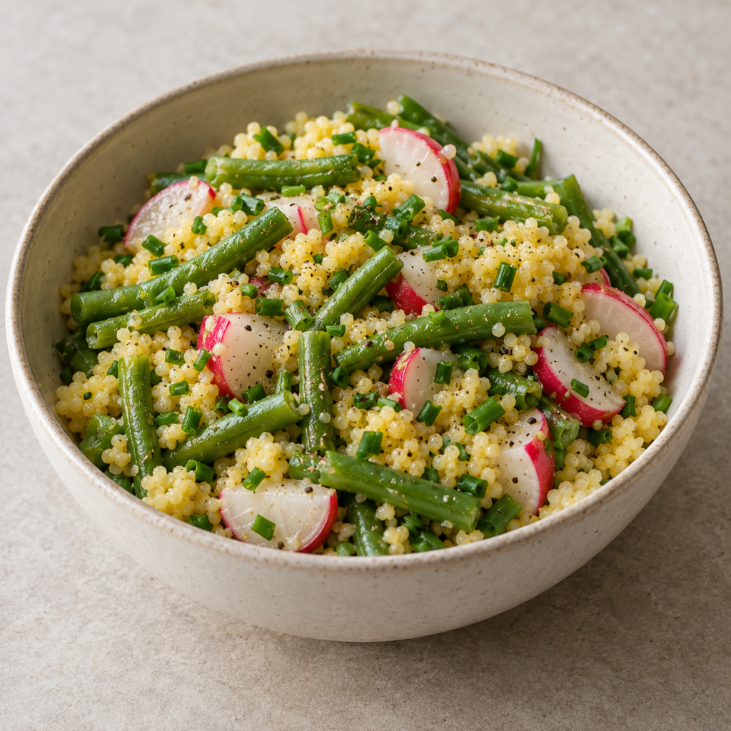Millet aux haricots verts, radis et ciboulette — Illustration générée par IA pour MyTrela. Suggestion de présentation.