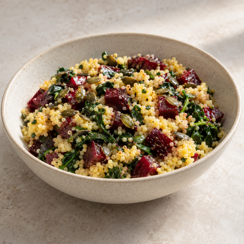 Salade de millet à la betterave et aux épinards — Illustration générée par IA pour MyTrela. Suggestion de présentation.