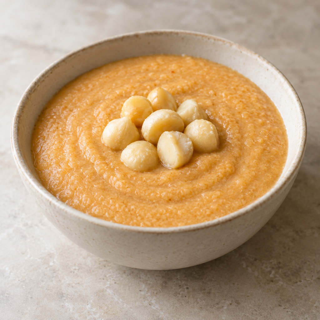 Crema di miglio con succhi e noci di macadamia — Illustrazione generata con IA per MyTrela. Proposta di presentazione.