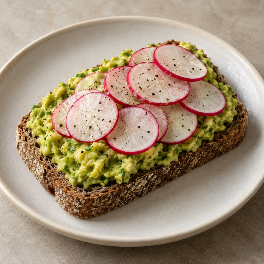 Pane di segale con crema di avocado e ravanelli — Illustrazione generata con IA per MyTrela. Proposta di presentazione.