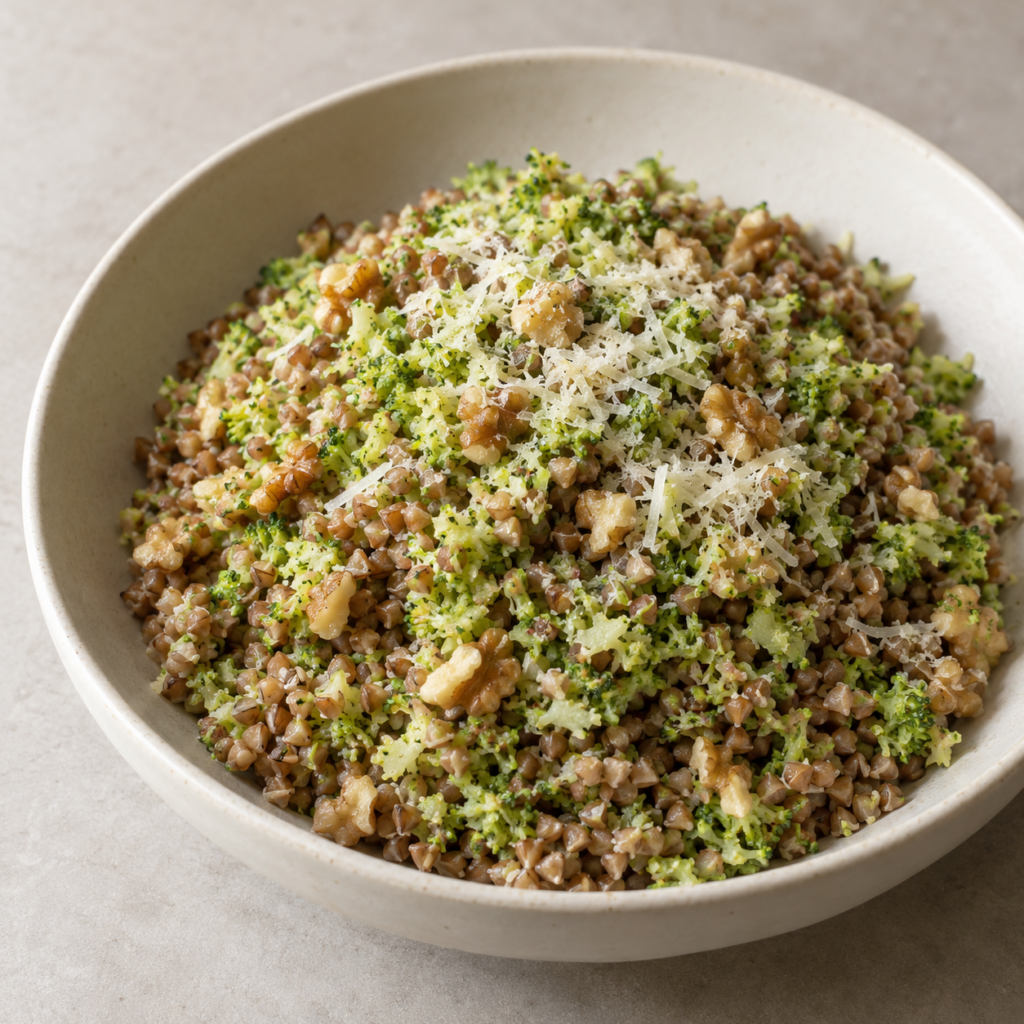 Grano saraceno con broccoli grattugiati, noci e parmigiano — Illustrazione generata con IA per MyTrela. Proposta di presentazione.