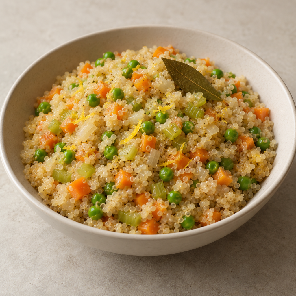 Quinoa con carota, sedano e piselli — Illustrazione generata con IA per MyTrela. Proposta di presentazione.