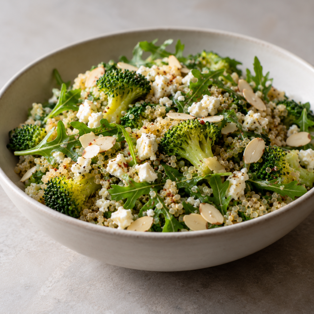 Quinoa au brocoli, à la feta et à la vinaigrette moutardée — Illustration générée par IA pour MyTrela. Suggestion de présentation.