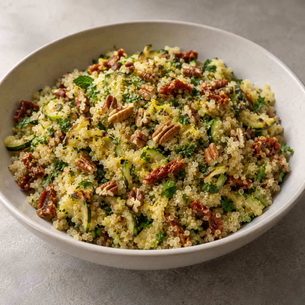 Quinoa citronné à la courgette et aux noix de pécan — Illustration générée par IA pour MyTrela. Suggestion de présentation.