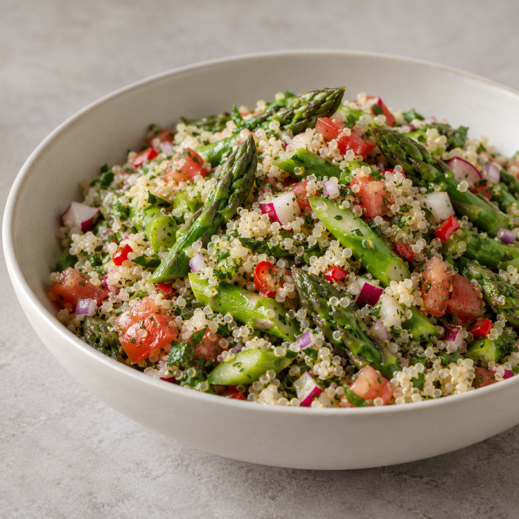 Quinoa aux asperges, aux radis et à la vinaigrette aux herbes — Illustration générée par IA pour MyTrela. Suggestion de présentation.