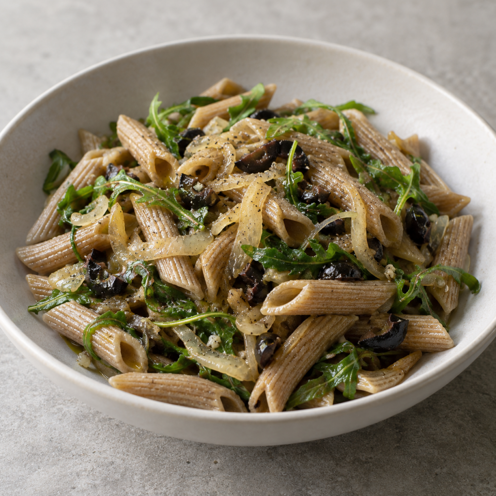 Pasta di segale con rucola e olive nere — Illustrazione generata con IA per MyTrela. Proposta di presentazione.