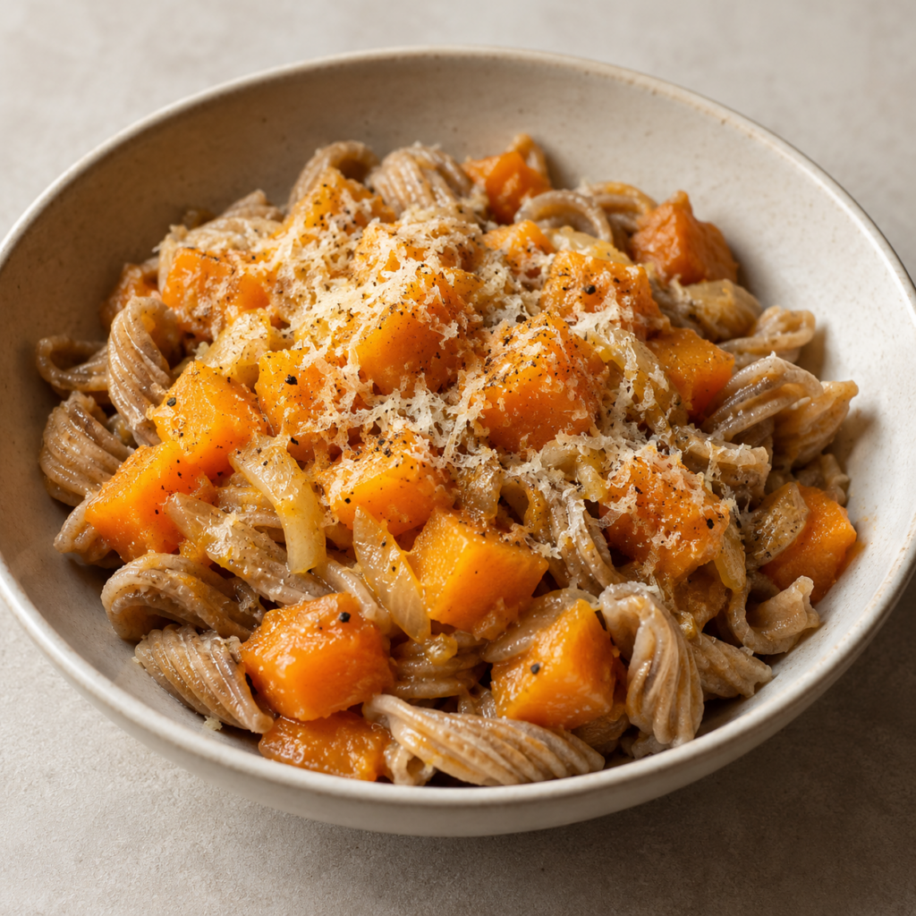 Pasta di segale con zucca stufata e parmigiano — Illustrazione generata con IA per MyTrela. Proposta di presentazione.