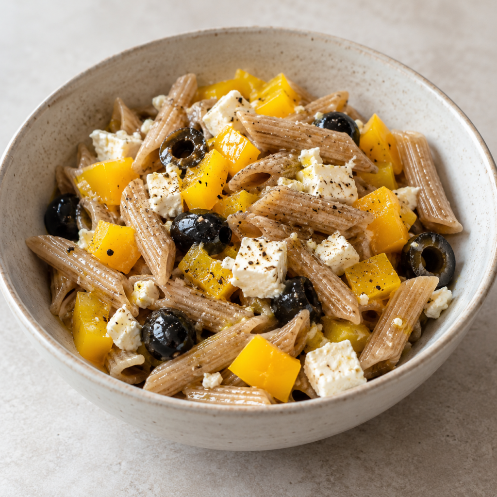 Pasta di segale con peperone giallo, feta e olive — Illustrazione generata con IA per MyTrela. Proposta di presentazione.