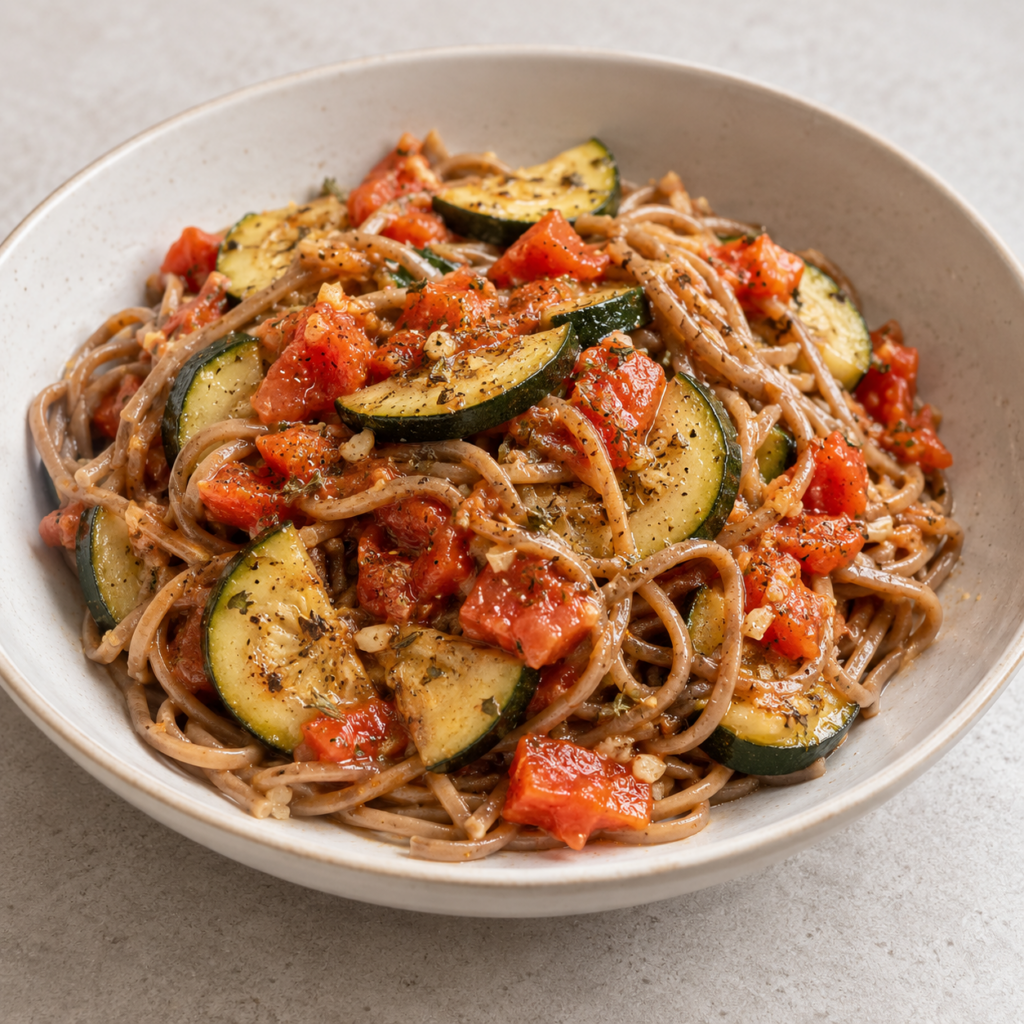 Pasta di grano saraceno con zucchine e pomodoro — Illustrazione generata con IA per MyTrela. Proposta di presentazione.