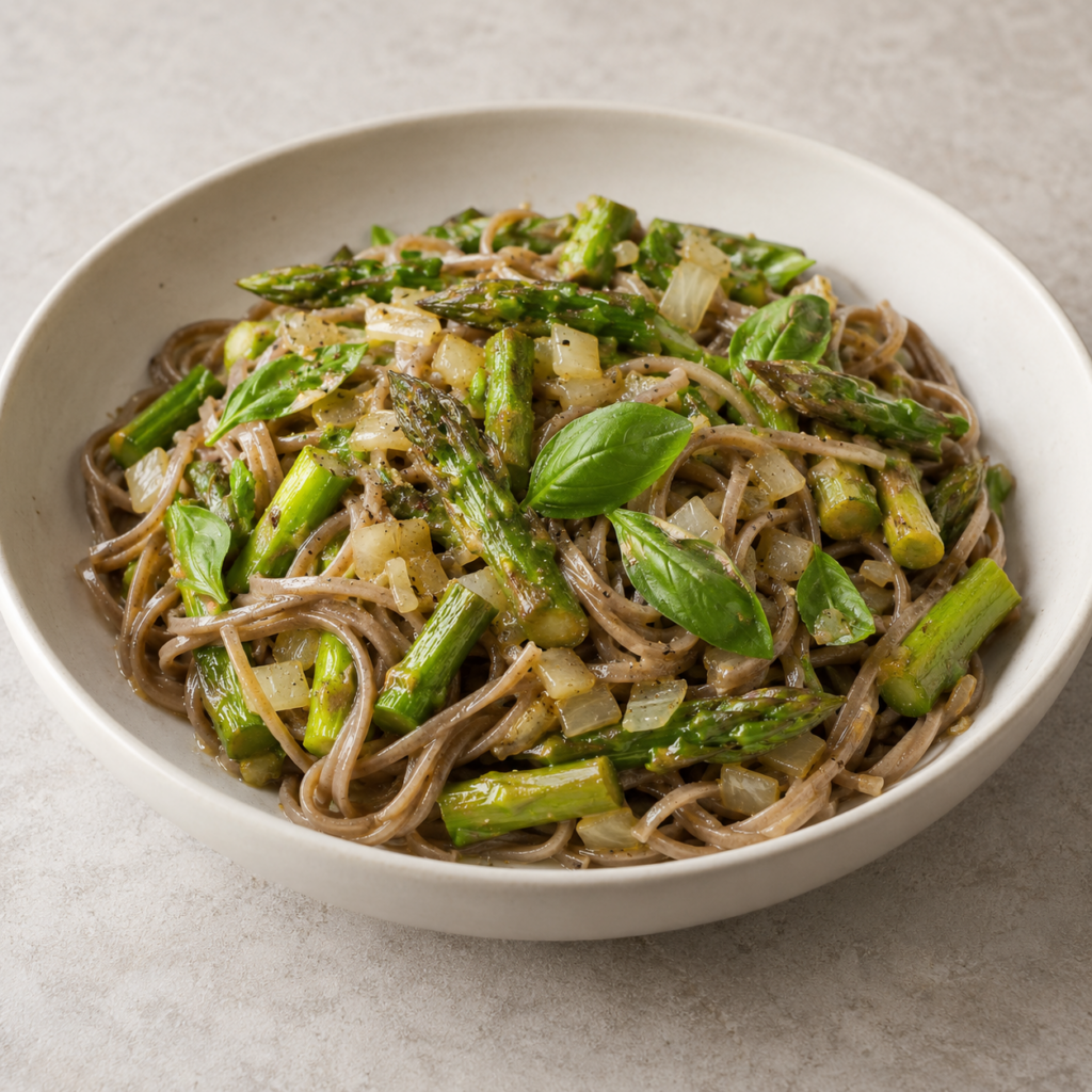 Pasta di grano saraceno con asparagi e basilico — Illustrazione generata con IA per MyTrela. Proposta di presentazione.
