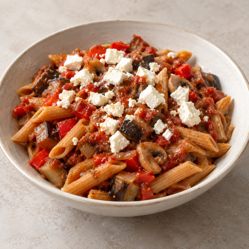 Pasta con peperone arrostito, melanzana e feta — Illustrazione generata con IA per MyTrela. Proposta di presentazione.