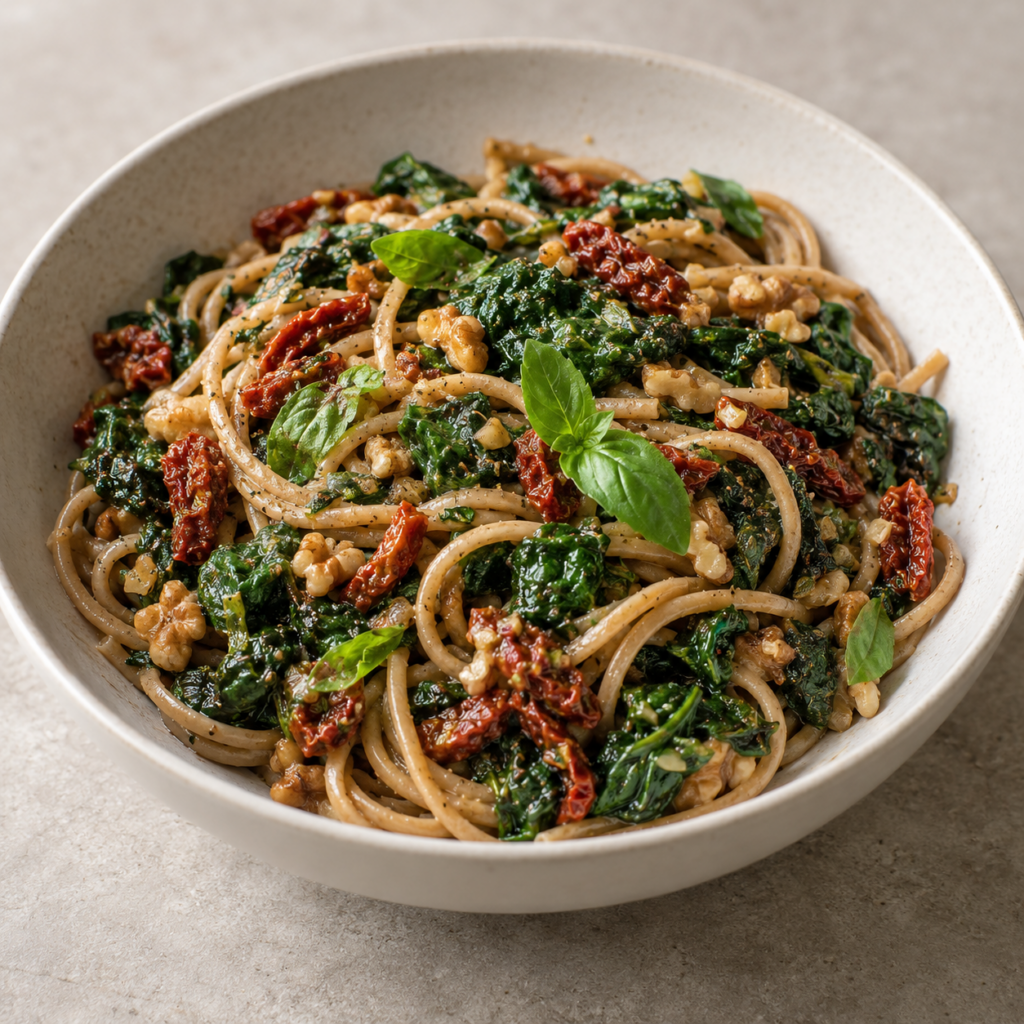 Pasta integrale con spinaci e noci — Illustrazione generata con IA per MyTrela. Proposta di presentazione.