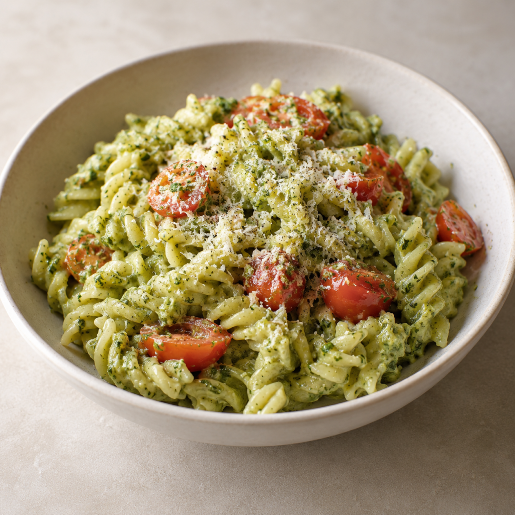 Pâtes de riz au pesto de persil et d'avocat — Illustration générée par IA pour MyTrela. Suggestion de présentation.