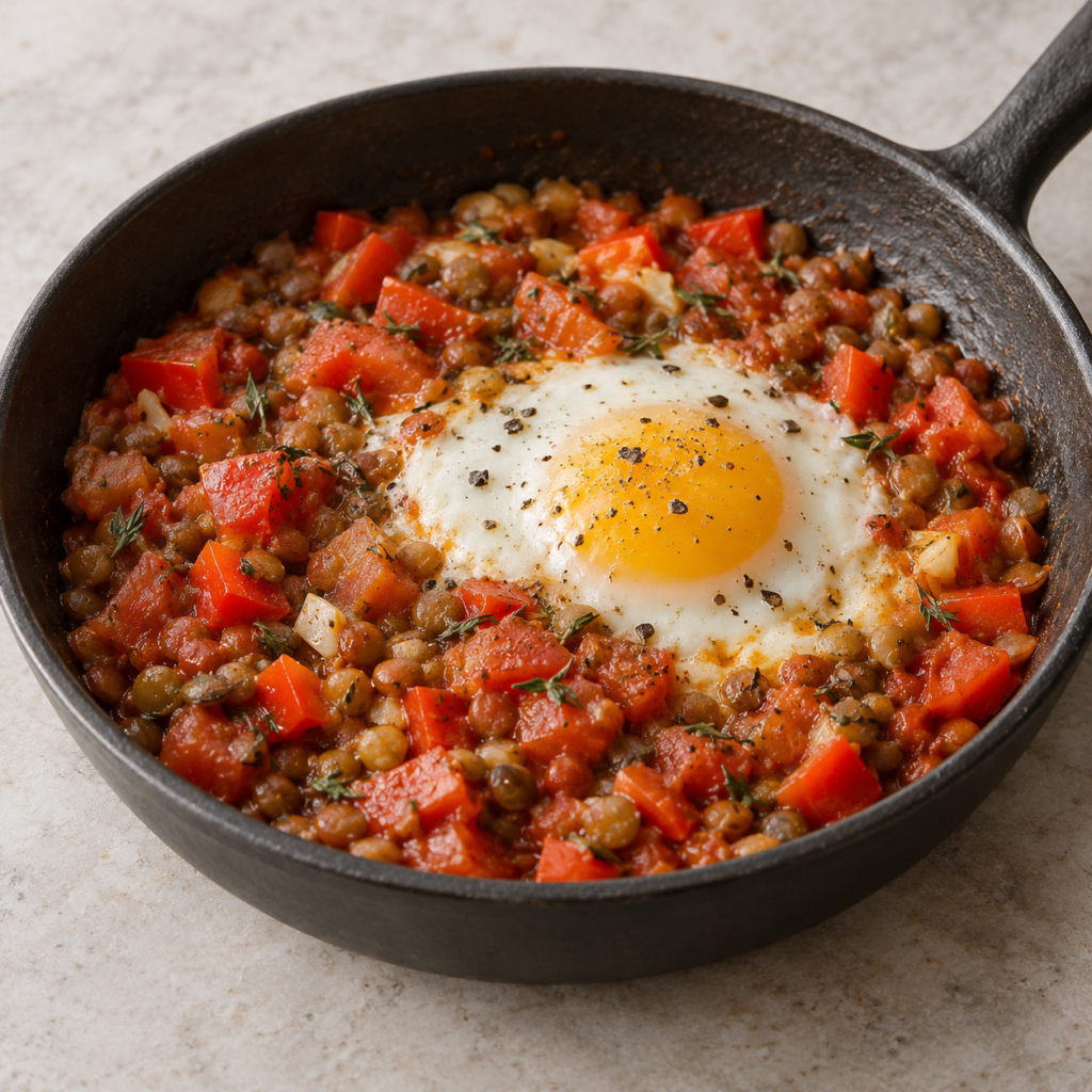 Lentilles mijotées au poivron et à la tomate, avec un œuf — Illustration générée par IA pour MyTrela. Suggestion de présentation.