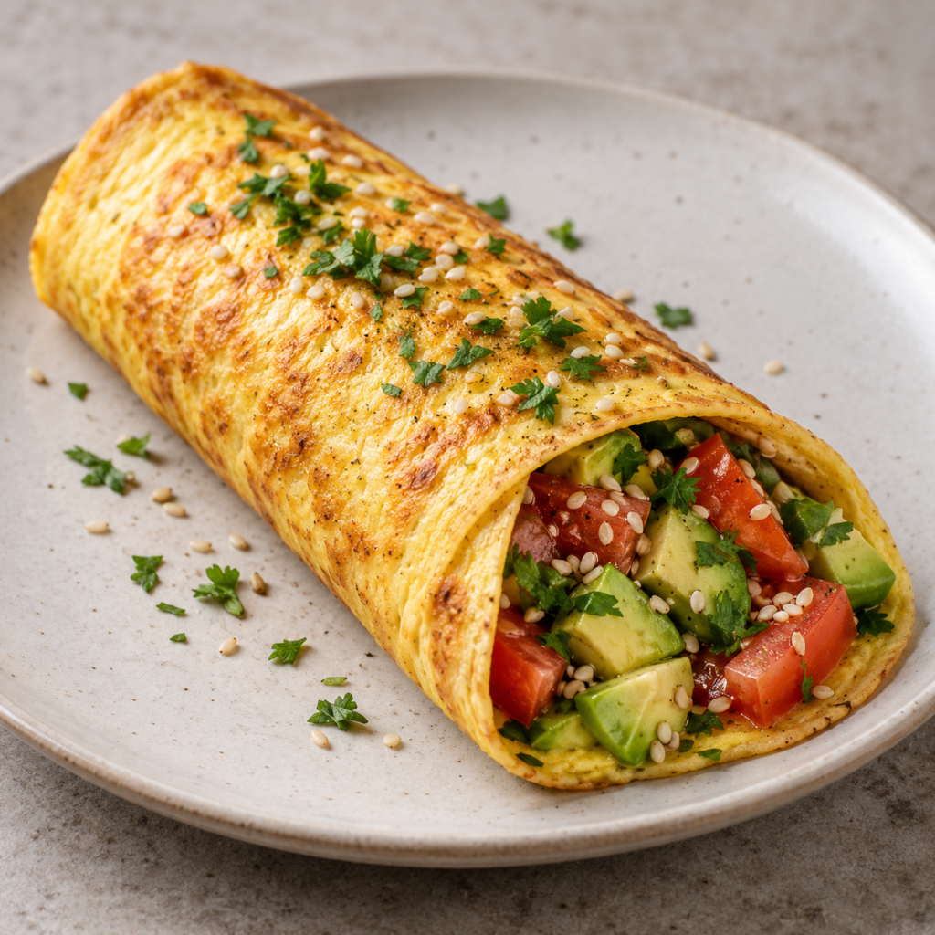 Roulé aux œufs, avocat, tomate et sésame — Illustration générée par IA pour MyTrela. Suggestion de présentation.
