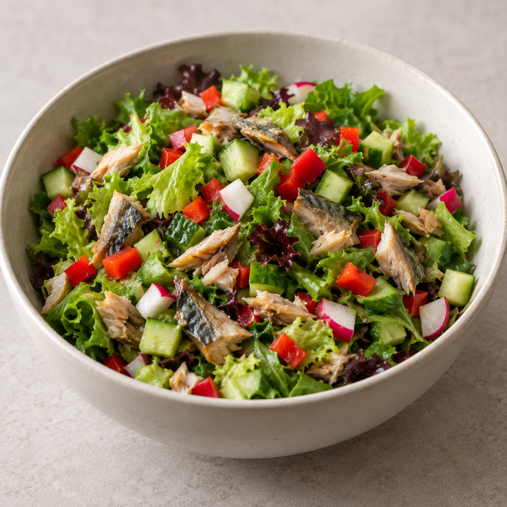 Makrelensalat mit Gurke und Paprika — KI-generierte Illustration für MyTrela. Serviervorschlag.