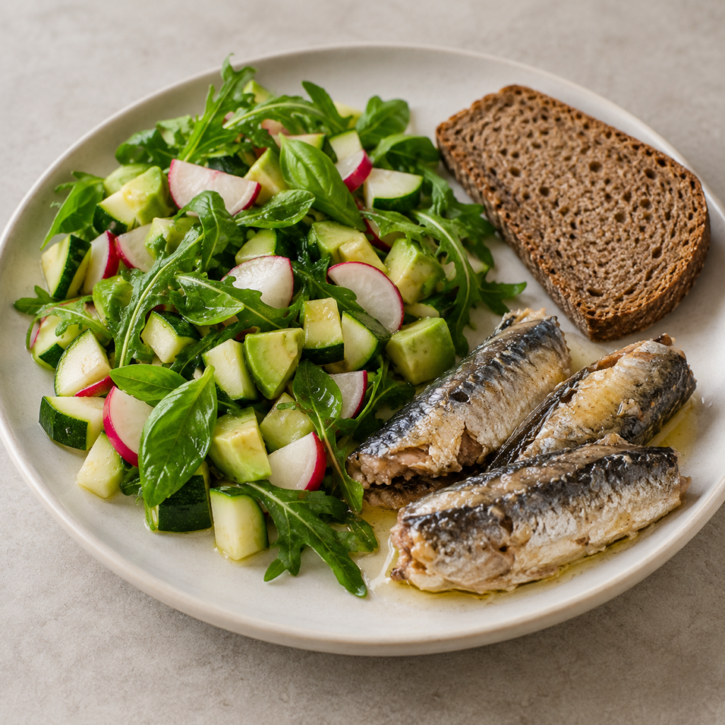 Sardines à la courgette crue, à l'avocat et au basilic — Illustration générée par IA pour MyTrela. Suggestion de présentation.