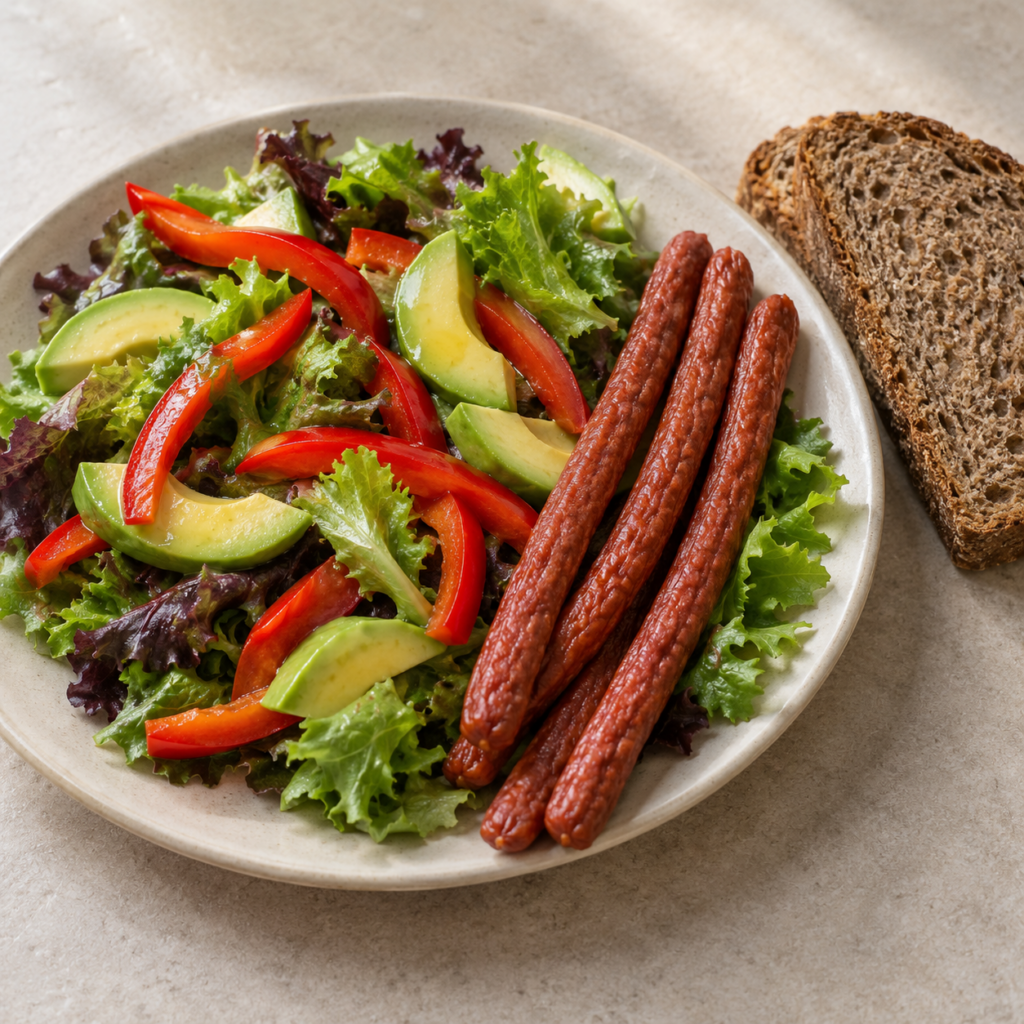 Salade aux saucisses sèches de volaille, poivron et avocat — Illustration générée par IA pour MyTrela. Suggestion de présentation.