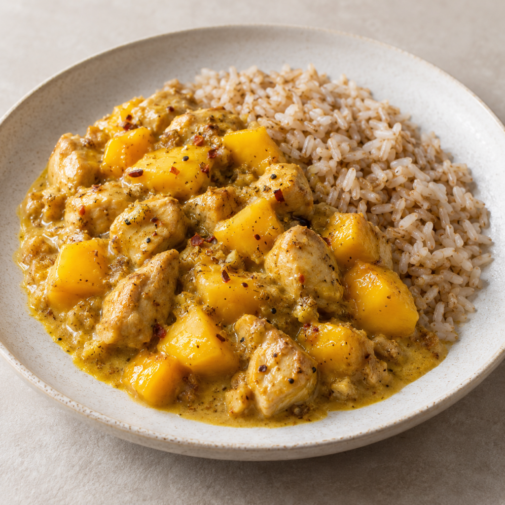 Poulet à la mangue, sauce coco et riz — Illustration générée par IA pour MyTrela. Suggestion de présentation.