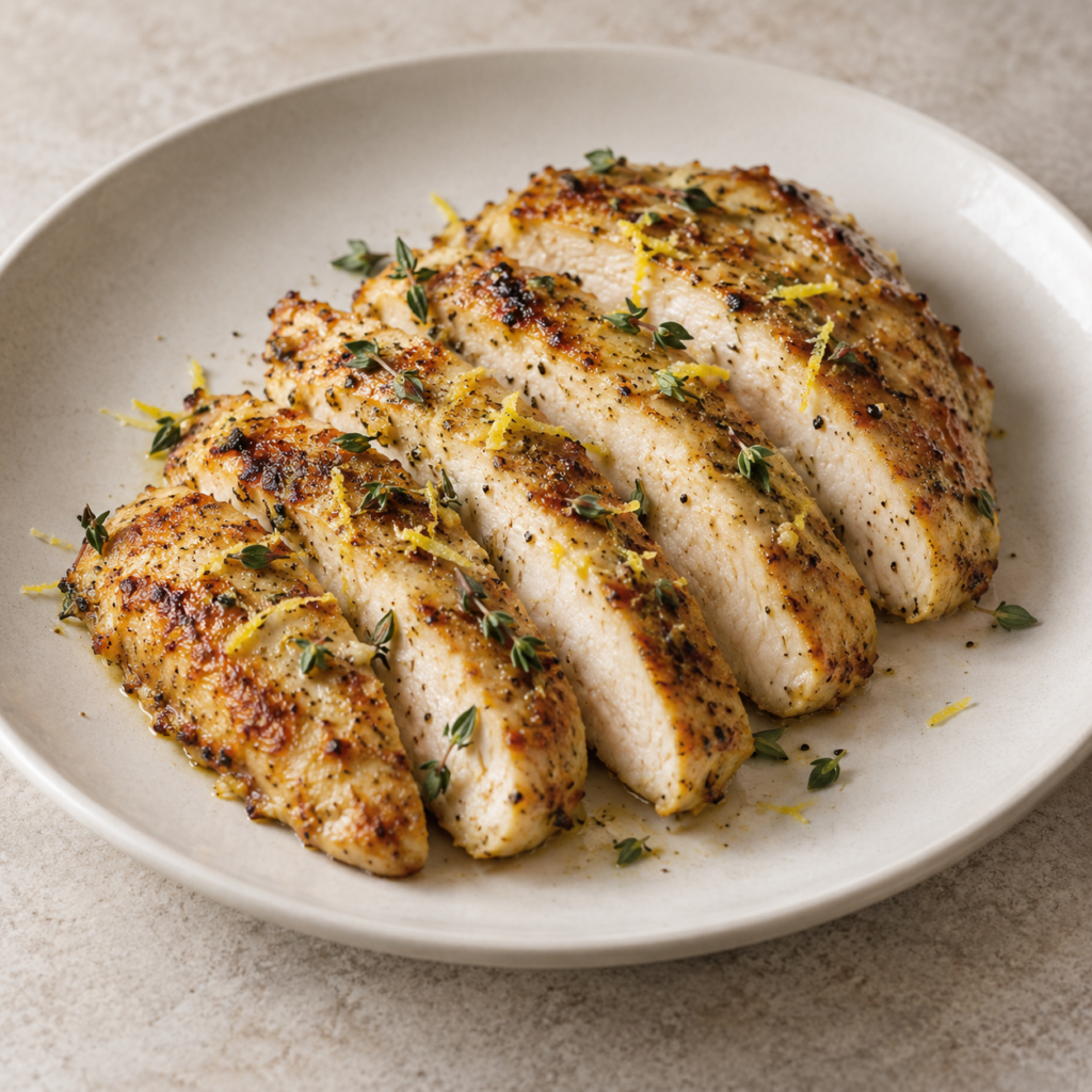 Pollo marinato con cocco, scorza di limone e timo — Illustrazione generata con IA per MyTrela. Proposta di presentazione.