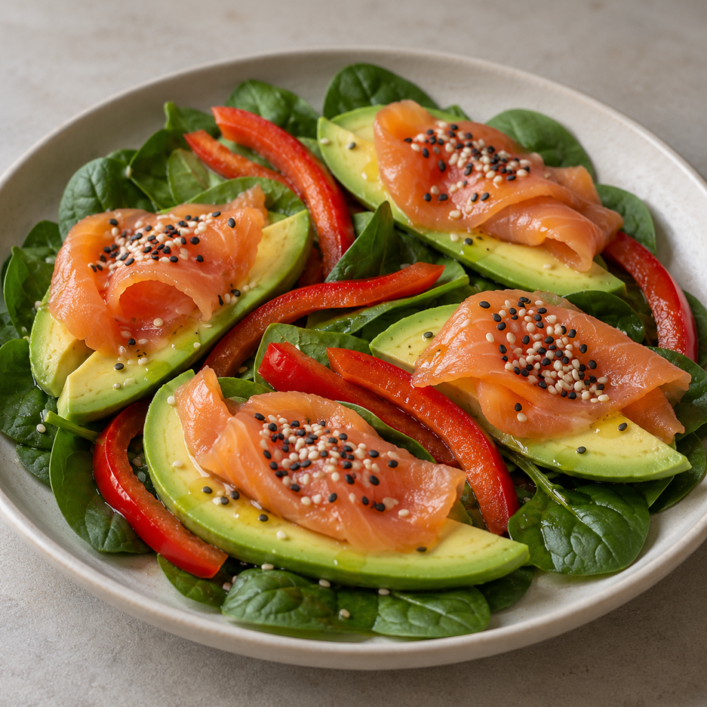 Avocado con salmone su spinaci — Illustrazione generata con IA per MyTrela. Proposta di presentazione.