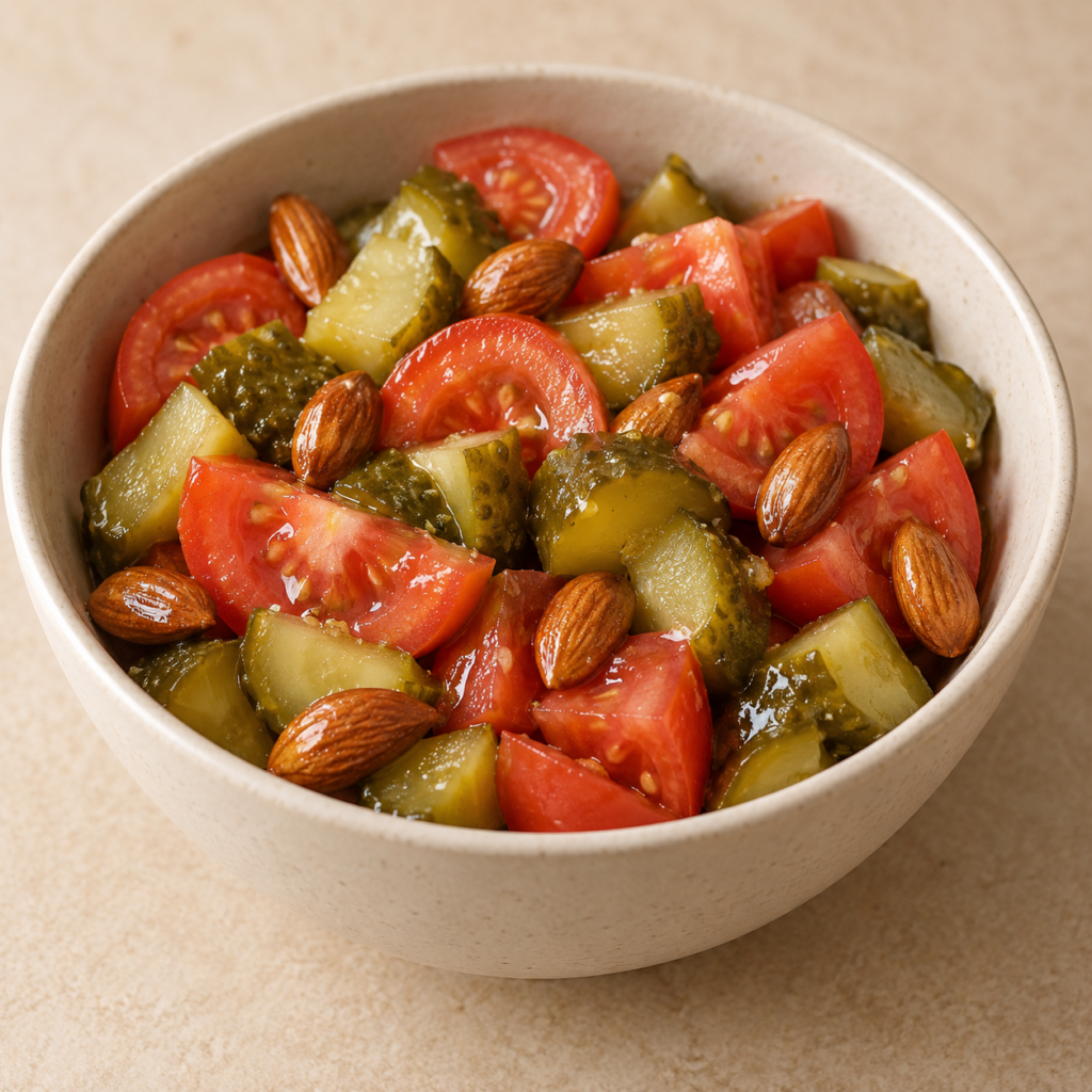 Ensalada de tomate con pepino fermentado y almendras — Ilustración generada con IA para MyTrela. Sugerencia de presentación.