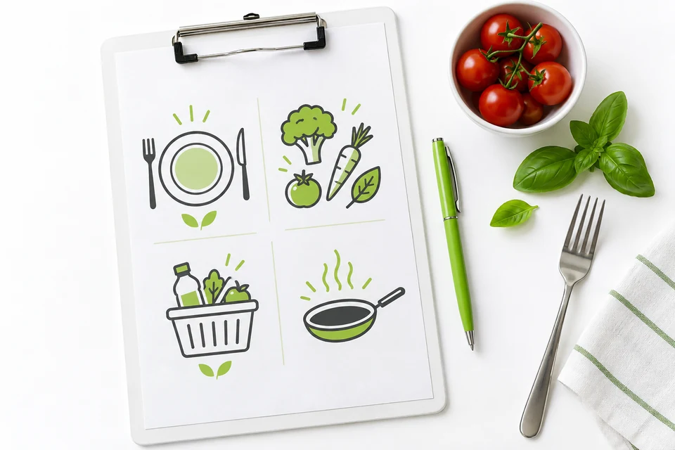 Ilustracja ściągawki: clipboard z symbolami posiłków i zakupów
