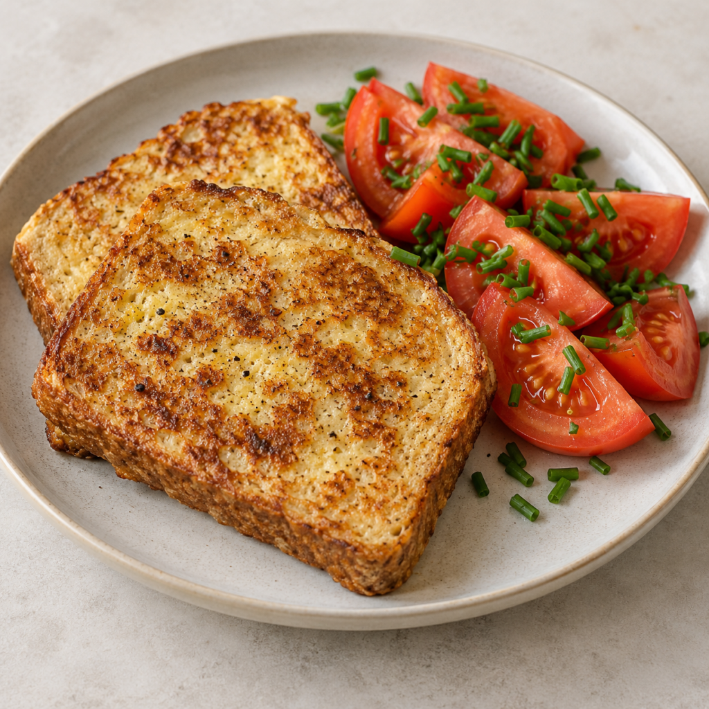 Grahambrot im Eimantel mit Tomate und Schnittlauch — KI-generierte Illustration für MyTrela. Serviervorschlag.