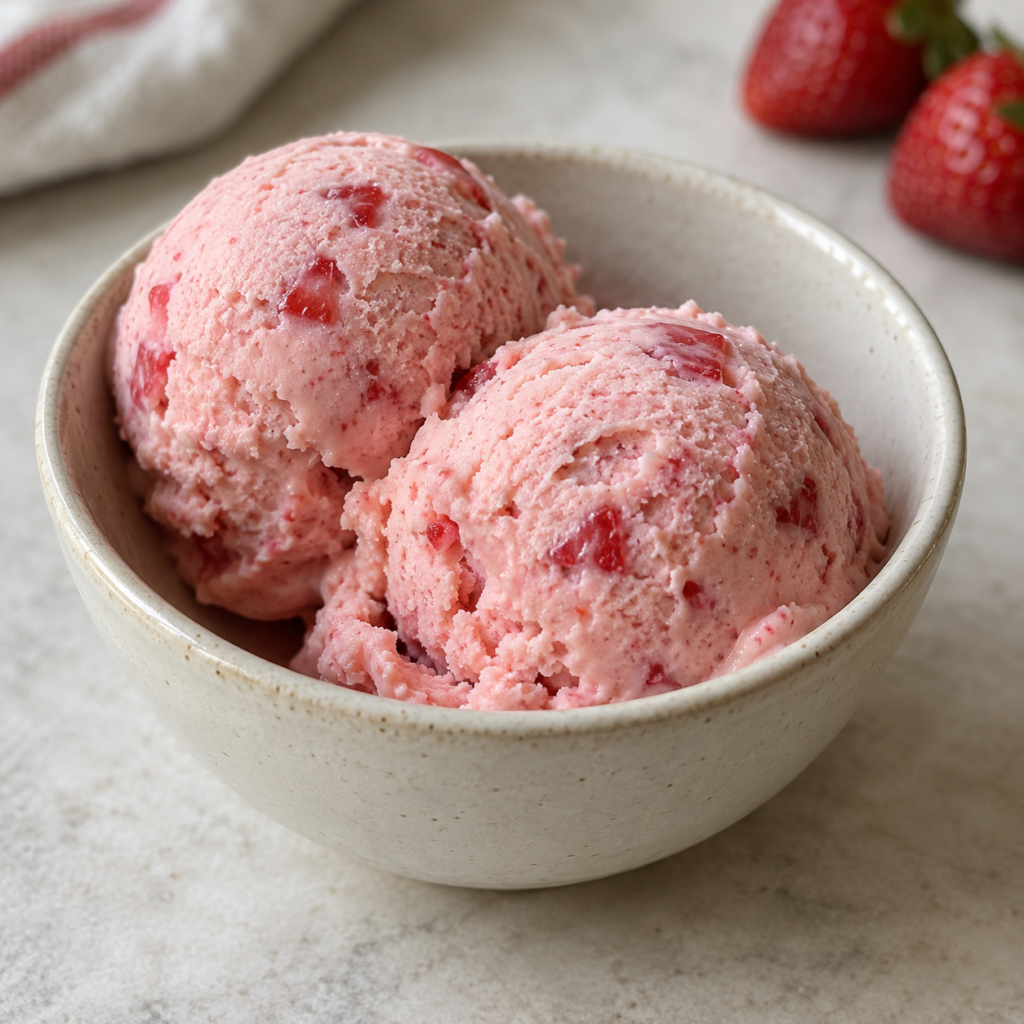 Gelado de iogurte e morango sem ovos — Ilustração gerada por IA para a MyTrela. Sugestão de apresentação.