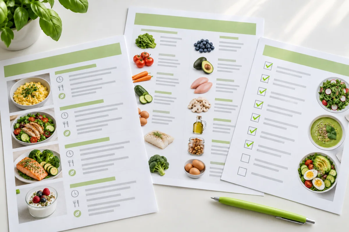 Ilustracja materiałów programu: ściągawka, lista produktów i checklista na jasnym biurku